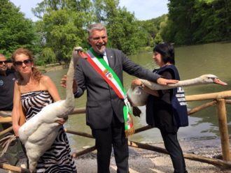 Il sindaco con i due cigni all'inaugurazione del parco Bucci