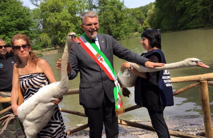 Il sindaco con i due cigni all'inaugurazione del parco Bucci