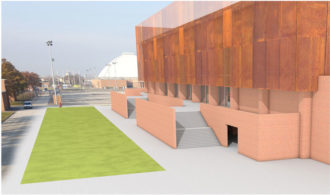 Un rendering del progetto per il nuovo palazzetto dello sport di Ravenna. Sullo sfondo il Pala De Andrè