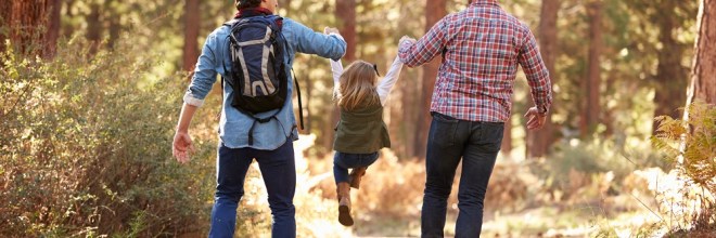 Gay Male Couple With Daughter Walking Through Fall Woodland