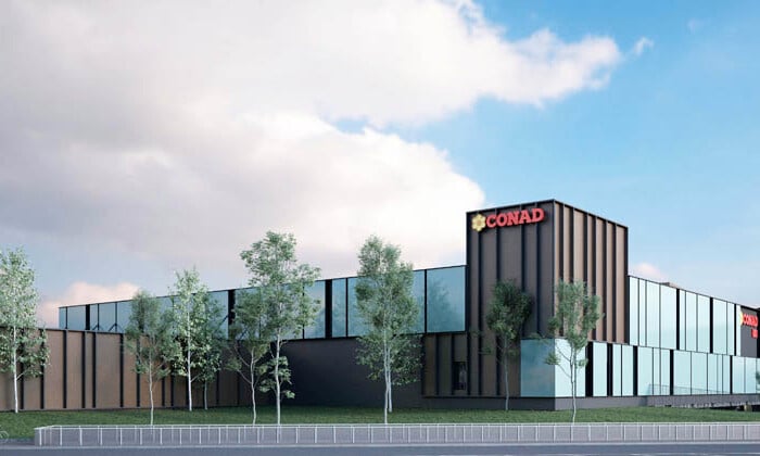 Un rendering del Conad che sorgerà a Lugo nell'area dell'ex acetificio Venturi. Sarà 2.200 mq con 50-60 dipendenti