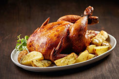 46728157 Roasted Chicken And Vegetables On Wooden Table