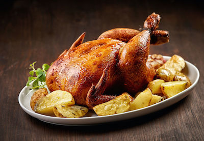 46728157 Roasted Chicken And Vegetables On Wooden Table