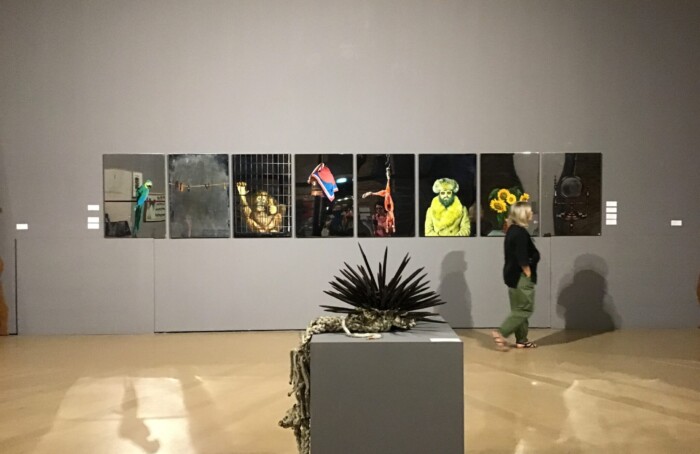 Veduta della serie degli specchi di Pistoletto sullo sfondo e un'opera di Claudio Cintoli in primo piano, collezione Ettore Mina Zattoni