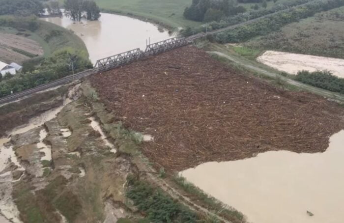 L'accumulo Di Legname Portato Dalla Piena Del Fiume Lamone All'altezza Di Boncellino A Monte Del Ponte Della Ferrovia Che Ha Riportato Danni (foto Di Condifesa Ravenna)