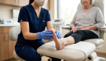Professional Podiatrist In Gloves Examining A Senior Patient Foot On An Adjustable Clinic Chair During A Checkup.