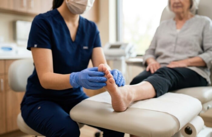 Professional Podiatrist In Gloves Examining A Senior Patient Foot On An Adjustable Clinic Chair During A Checkup.